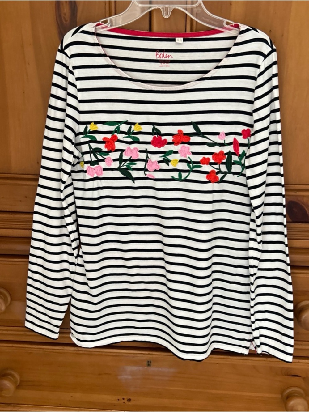 Boden Stripes Ahead Of The Rest Floral Embroidered Striped Long Sleeve Tee Sz 8